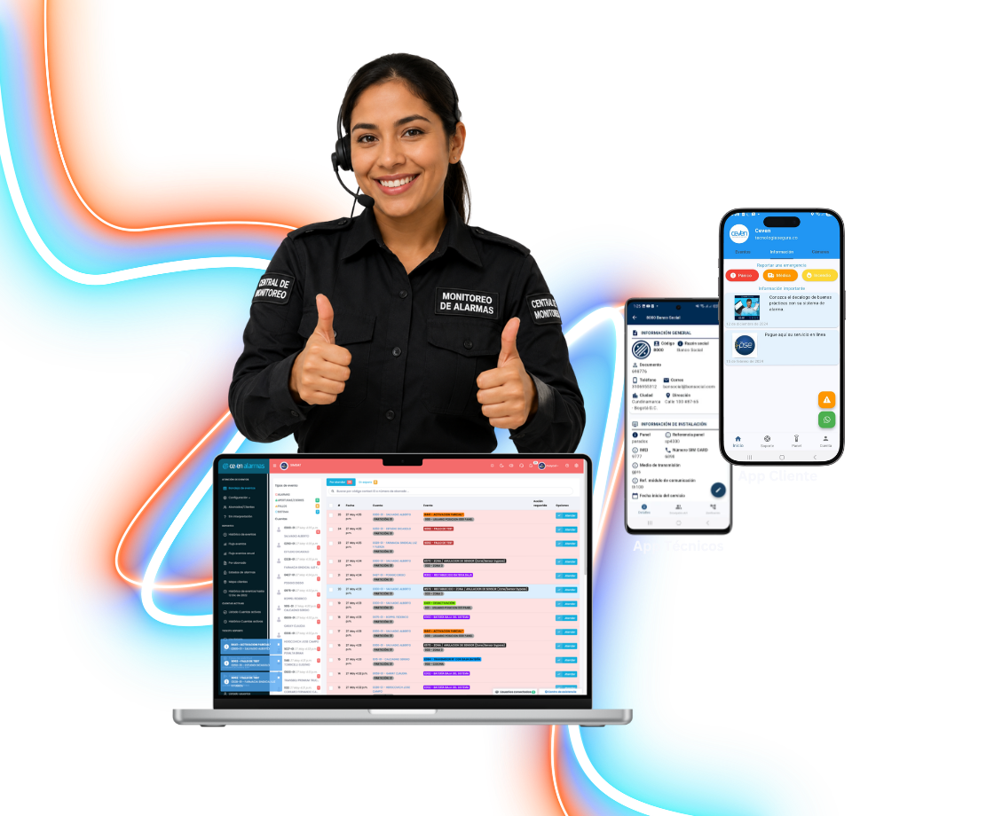 Operadora de la central de monitoreo Ceven Alarmas con el panel de eventos y las apps de cliente y técnicos