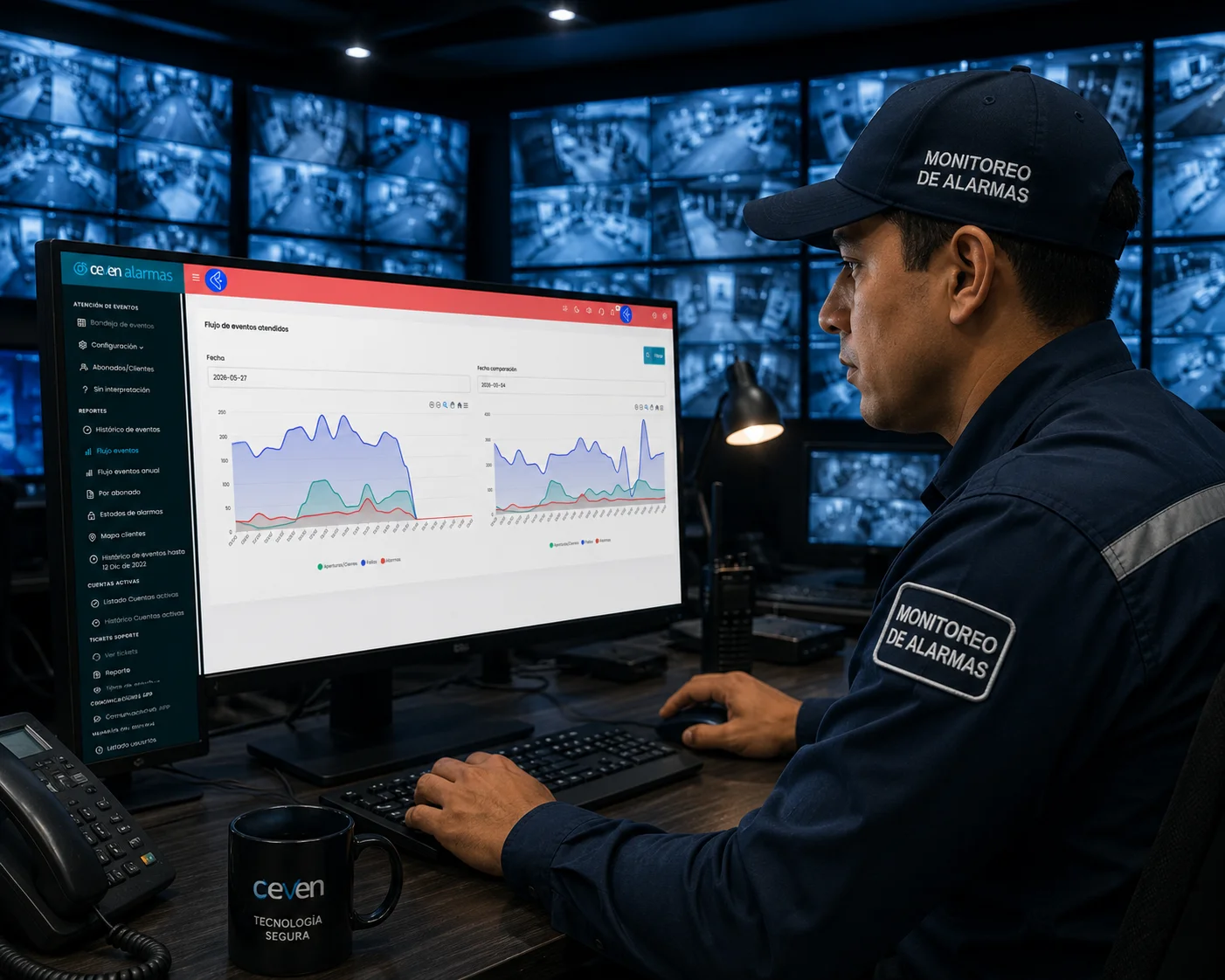 Operador de la central de monitoreo revisando el flujo de eventos atendidos en el panel web de Ceven Alarmas